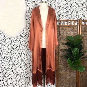 Eloquii | Satin Rust Orange Fringe Open Front Long Cardigan Duster Plus Size 26